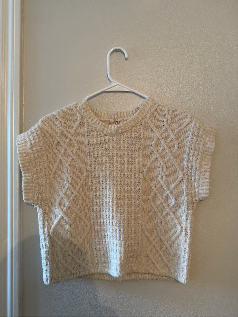 Hippie Rose Cream Cable-Knit Short Sleeve Crew Sweater